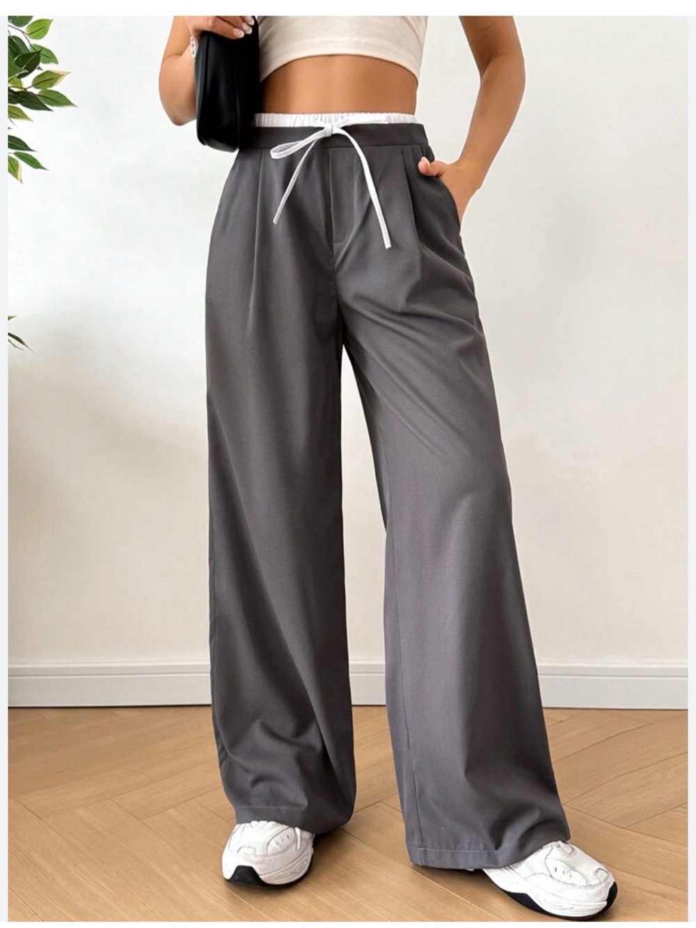 Double waistband baggy formal trousers- Gray